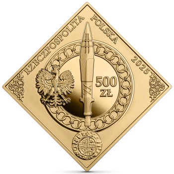 Awers Złota moneta w kształcie rombu w temacie Tysiąclecie koronacji Bolesława Chrobrego 2025